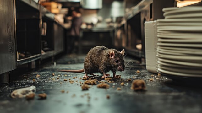 A rat scavenging for food on a messy restaurant kitchen floor littered with crumbs, emphasizing the consequences of poor cleaning practices.