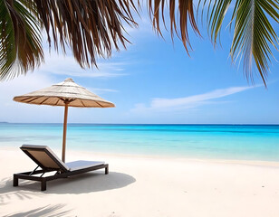 Obraz premium A beautiful tropical beach with white sand, turquoise water, a tree, and a thatched umbrella shading one lounge chairs.