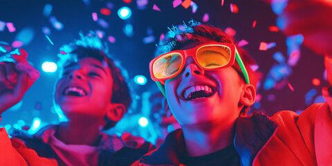 Boys with glasses happily celebrating together at a joyful party
