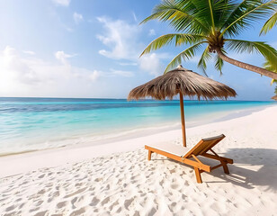 Obraz premium A beautiful tropical beach with white sand, turquoise water, a tree, and a thatched umbrella shading one lounge chairs.