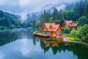 Fototapeta premium Picturesque wooden cabins by a tranquil lake surrounded by dense forest and misty hills