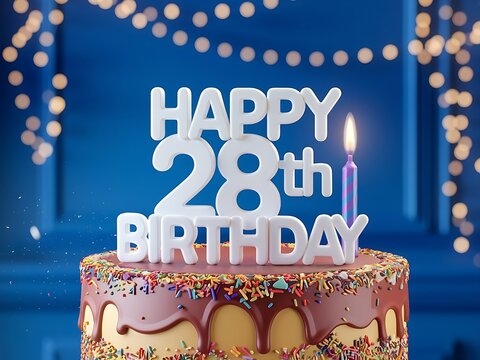 Classic Happy 28th Birthday Cake with Blue Background
