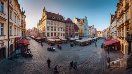 Fototapeta premium European City Street with Shops and Pedestrians at Sunset