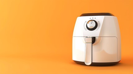 A well used hot air fryer on orange background