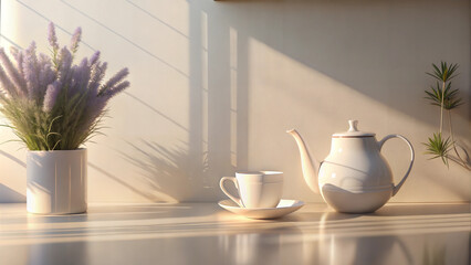 Fototapeta premium Minimalist lavender tea set, white teapot and cup, lavender bouquet in a Sunny office space