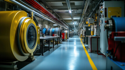 Fototapeta premium High-energy physics lab featuring a massive collider, where scientists observe particle behavior to explore fundamental laws of the universe