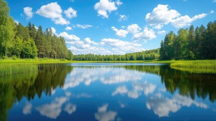 Obraz premium A serene lake mirrors the vibrant green trees and clear blue sky, with fluffy clouds above, creating a tranquil scene of natural harmony