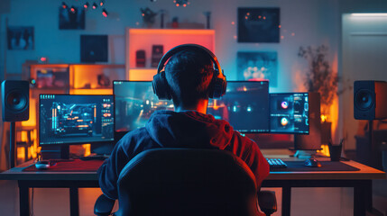 Influencer creating a gaming setup tour video, featuring high-end gaming gear, sponsorships, and fan interaction in a well-lit studio