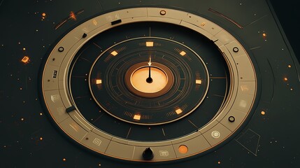 Intricate golden clock design with concentric circles and celestial elements.