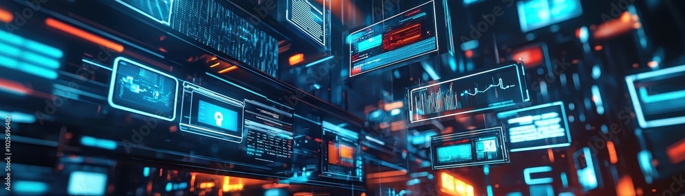 Poster futuristic digital screens display dynamic data, glowing in neon blue and red hues, creating a high-