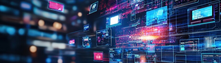 Obraz premium Futuristic digital interface with glowing data screens and technology elements, showcasing network communication and information flow.