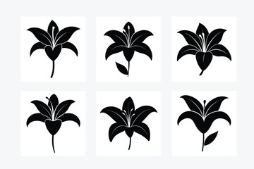 Black Lily Flower Silhouettes on White Background