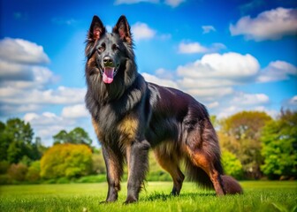 Majestic Black Long Haired Alsatian Standing Proudly in a Lush Green Park Under Bright Blue Sky, Captivating Dog