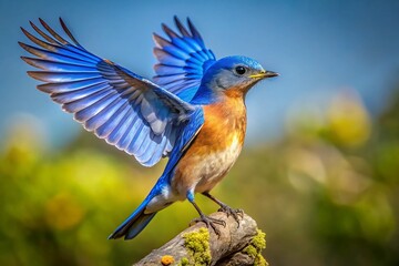 Fototapeta premium Majestic Bluebird Spreading Its Vibrant Wings Against a Clear Sky in Nature's Beautiful Scene
