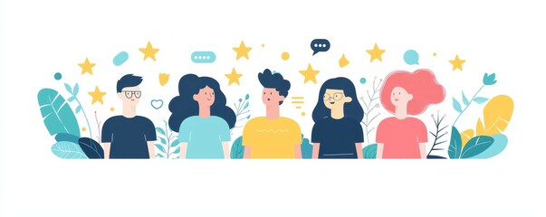 Fototapeta premium Colorful illustration of diverse group of people with different hairstyles and expressions surrounded by decorative elements and speech bubbles.