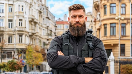 Elite Bodyguard in Tactical Gear on High-Risk Mission with Intense Expression - Photo Realistic High Resolution Image