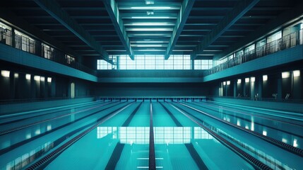 Fototapeta premium A sleek, modern Olympic pool with sparkling turquoise water and empty lanes, surrounded by silent spectator stands,
