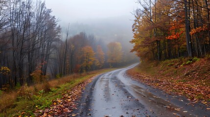 Obraz premium Autumn forest road in morning fog valley