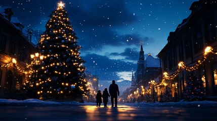 Fototapeta premium Family stroll under festive lights in a snowy Christmas town