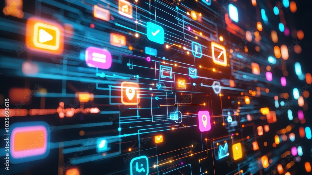 Poster futuristic digital interface with vibrant icons and data streams, representing online communication 