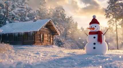 Naklejka premium Snowman with red scarf and hat standing beside a wooden cabin in a snowy forest, under a beautiful winter sunset sky, creating a serene scene.