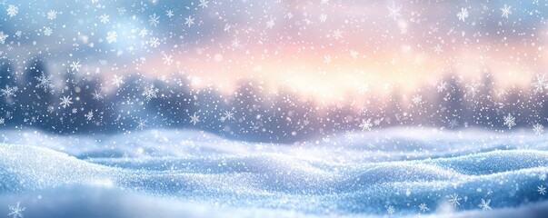 A serene winter landscape with snow-covered fields and a magical sunrise in the background, highlighting snowflakes gently falling.