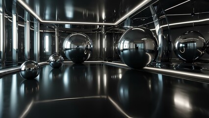 Futuristic Metallic Room with Floating Reflective Spheres and Glossy Surfaces