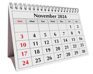 November 2024 calendar. Page of the annual business desk month calendar isolated on transparent png