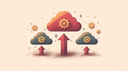 Illustration of clouds with gears and arrows representing cloud technology progress.