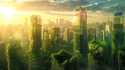 Obraz premium A Cityscape of Glass Towers with Rooftop Gardens at Sunset