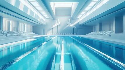 A sparkling turquoise Olympic-sized swimming pool with crisp white lane dividers and empty spectator seats, ready for competitive swimmers.