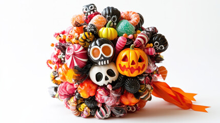 A bouquet arrangement of Halloween candies, tied together with a festive ribbon and placed against a white backdrop