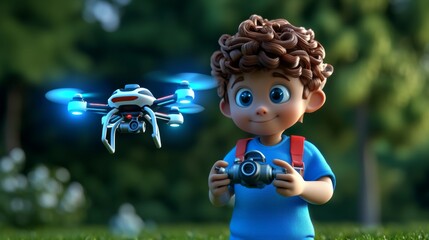 Happy Boy Controls Drone in a Green Park Setting