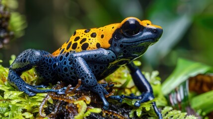 Fototapeta premium A Vibrant Blue and Yellow Poison Dart Frog Perched on Lush Greenery
