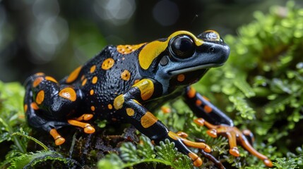 Fototapeta premium Vibrant Yellow-Spotted Poison Dart Frog on Green Moss