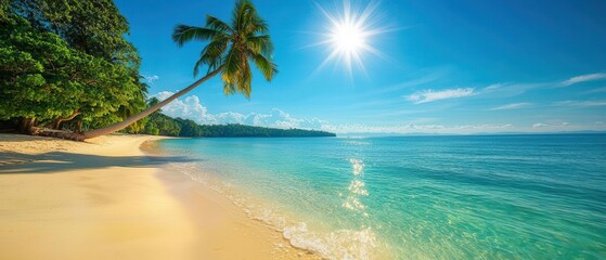 A serene tropical beach with golden sand, gentle waves, and a clear blue sky. Sunlight reflects off the water, enhancing the peaceful atmosphere of this idyllic getaway.
