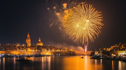 Naklejka premium A stunning yellow fireworks display bursts above Marsaxlokk, Malta, in celebration of the tal-Madonna Pompei religious feast.