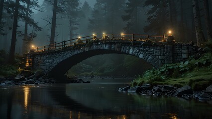 Misty Troll Bridge Over a Haunted River – Eerie Forest Setting with Glowing Lights