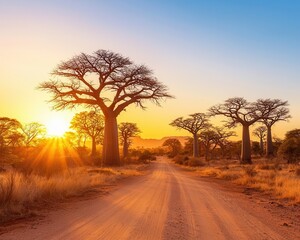 Naklejka premium A stunning sunset illuminating a dirt road lined with majestic baobab trees, showcasing vivid colors against a serene sky.