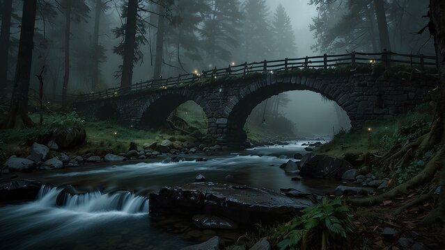 Misty Troll Bridge Over a Haunted River &ndash; Eerie Forest Setting with Glowing Lights