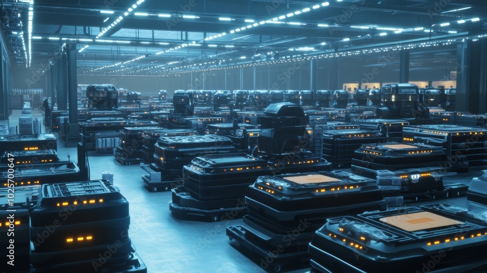 Poster futuristic warehouse with automated delivery robots.