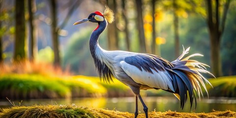Fototapeta premium Majestic Chinese Crane Bird in Natural Habitat with Graceful Plume and Elegant Posture Displayed
