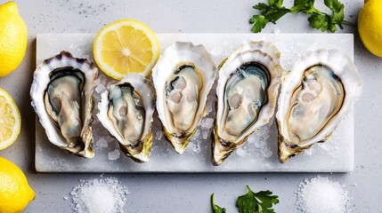 Fresh Oysters on Ice: Gourmet seafood platter featuring five succulent oysters on the half shell, served with lemon wedges, ice, parsley, and sea salt. A delectable image perfect for restaurant menus.