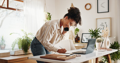Laptop, phone call and woman in home office with notes, schedule planning and communication....