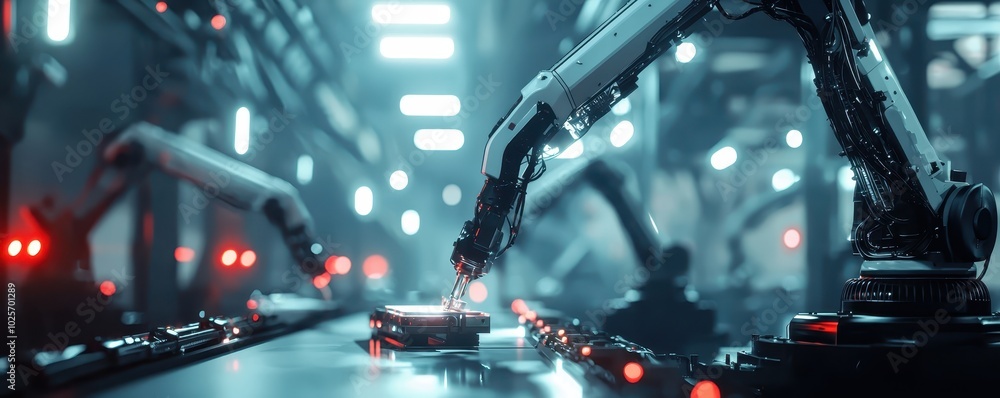 Aufkleber futuristic assembly line with robotic arms in operation, showcasing advanced automation and technolo
