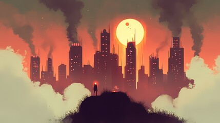 Silhouette of a figure overlooking a dystopian cityscape at sunset.