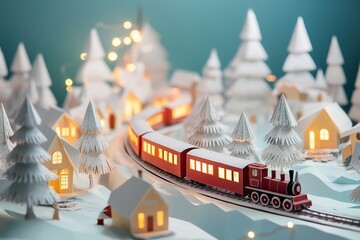 papercraft of A charming miniature train travels through a snowy village adorned with festive lights during the winter holiday season