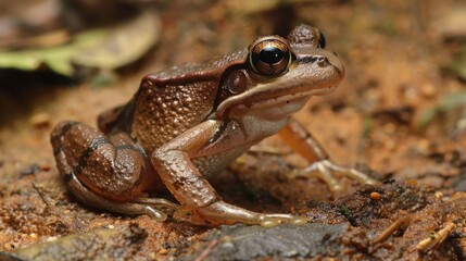 Fototapeta premium Close-up of a brown frog with large eyes on a forest floor
