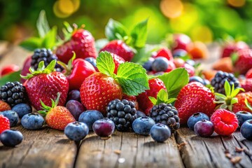 Obraz premium A colorful array of ripe summer berries bursts with freshness, showcasing the seasonâ€™s finest fruits. Their vibrant hues and aromatic scents invite indulgence and enjoyment.