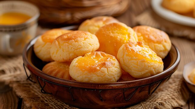 buttered cookies stuffed with guava paste called goiabinha ou belisc??o in a orage bowl in wood bakground with cups with half light